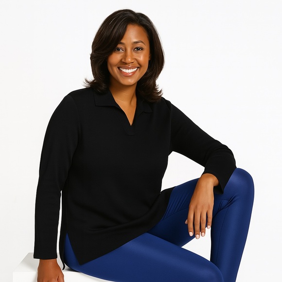August Silk Black Long Sleeve Rayon Blend Polo Top - Size XL - Picture 1 of 5